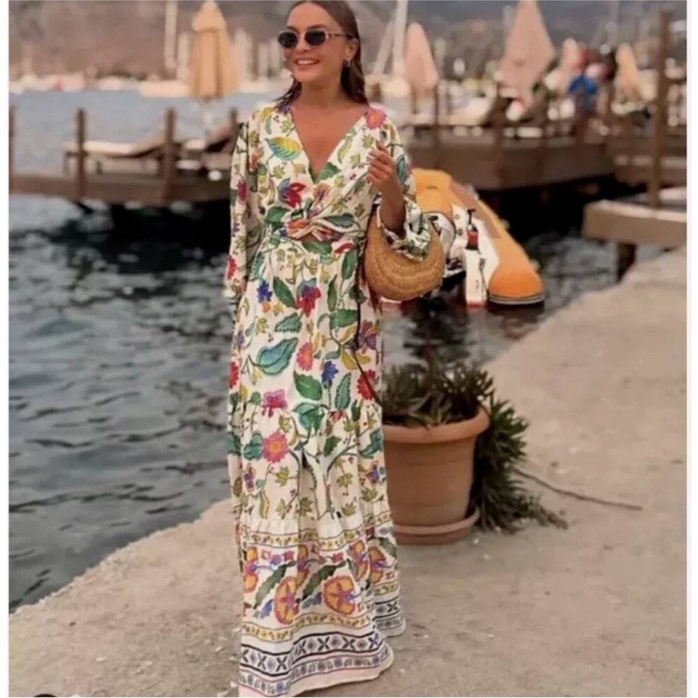 PRINTED LINEN BLEND KNOTTED DRESS - Picture 7 of 16